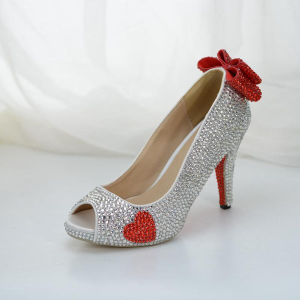 

beautiful silver rhinestone formal dress shoes red crystal bottom with heart design birthday party wedding pumps peep toe, Black
