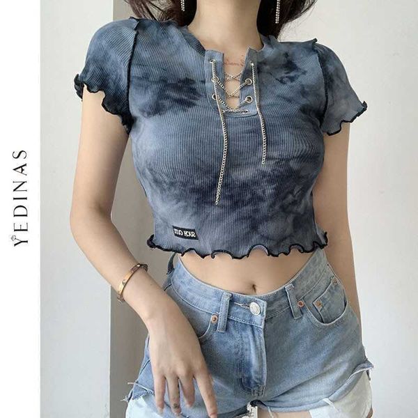 Yedinas Tie Dye Chain Strap Drop Top Mulheres Sexy Slim Mangas Curtas T Shirt Butterfly Chic Y2K 90s T-shirt Streetwear 210527