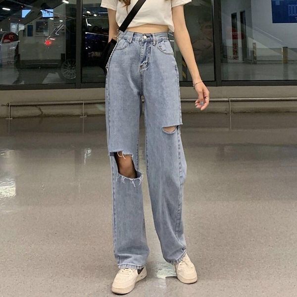 

women's jeans ripped straight baggy vintage high waist boyfriends mom denim distressed streetwear 2021 female fashion brazil, Blue