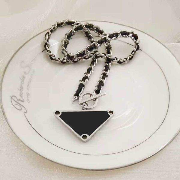 

classic letter triangle buckle necklace titanium steel woven leather rope necklaces black clavicle chain hip hop personality pendant jewelry, Silver