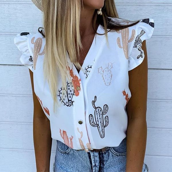 

butterfly sleeve women's blouse printed summer ruffle button v neck female 2021 fashion streetwear tee ladies blouses & shirts, White