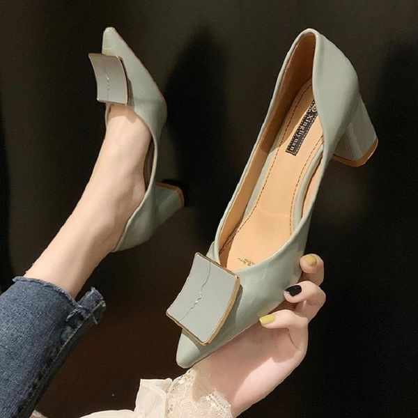 

dress shoes autumn thick heel pointed toe single professional mid-heel shallow mouth high square buckle women's leather, Black