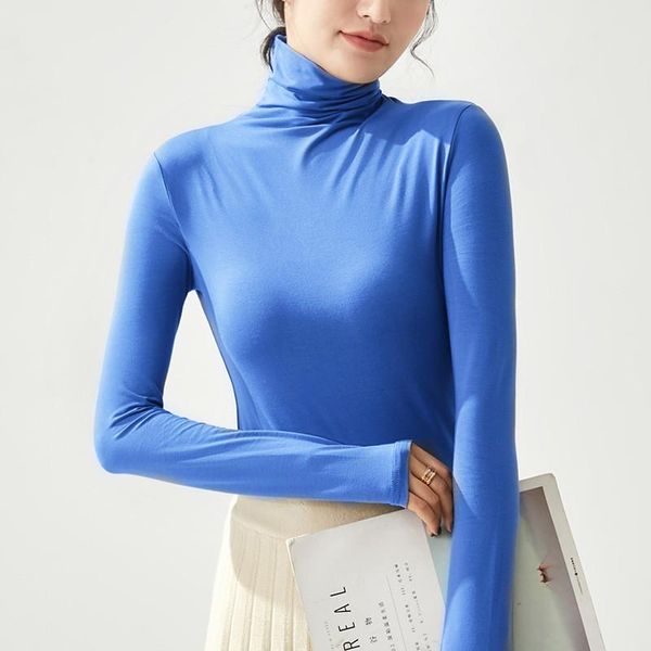 

women's t-shirt 2021 autumn winter korean women modal bottoming long sleeve elastic pullover plus size turtleneck t shirt soft fit, White