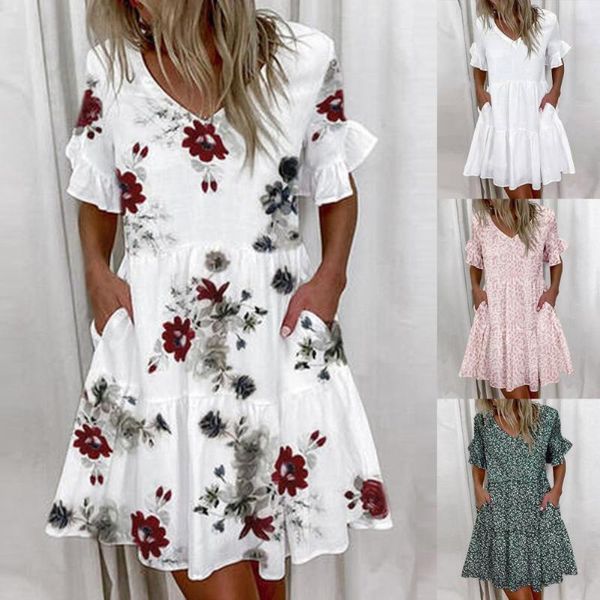 

casual dresses summer v-neck loose female women floral print elegant lady dress for shopping large size xxxl outdoor wear vestido, Black;gray