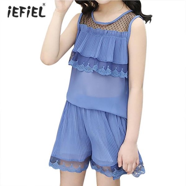 

girls summer clothes set kids chiffon outfits 2pcs sleeveless lace vest + shorts children suits teenage clothing sets, White