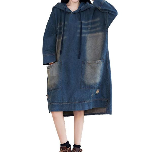 

women denim dress vestidos hooded bleached vintage blue wide waist oversize loose distressed long sleeve casual a12081148 dresses, Black;gray