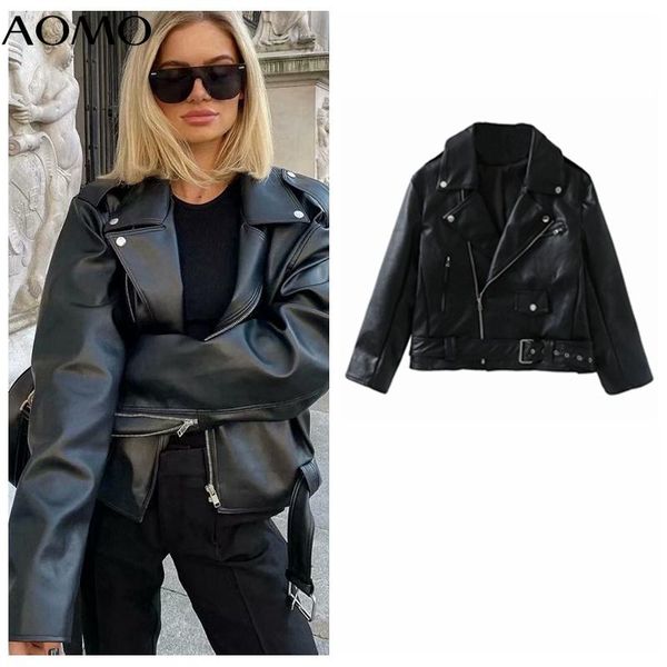 

women's jackets aomo 2021 women purple faux leather oversized jacket coat with belt ladies long sleeve loose ch24a, Black;brown