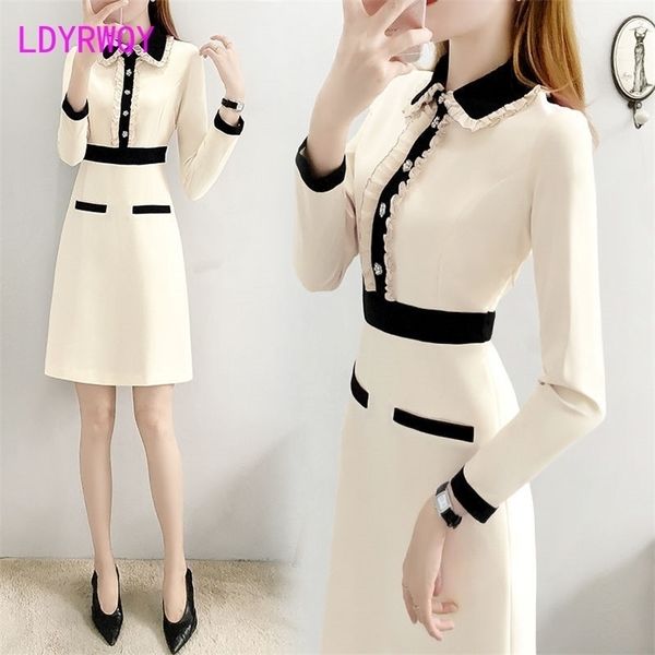 

autumn temperament retro french dress female spring and waist office lady knee-length 210416, Black;gray