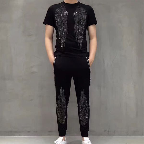

tracksuits spring and summer high-quality 2-piece suit tracksuit men's sportswear casual fashion rhinestones brand, Gray