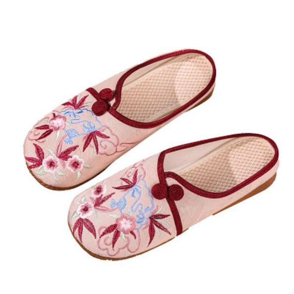 

yuan embroidery women flat mules slippers embroidered summer shoes ladies casual comfort lvfu, Black