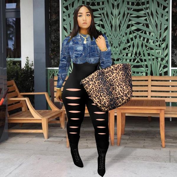 

gym clothing 2021 summer fashion street girl style jumpsuits long sleeve round neck broken hole stitching color pants, White;black