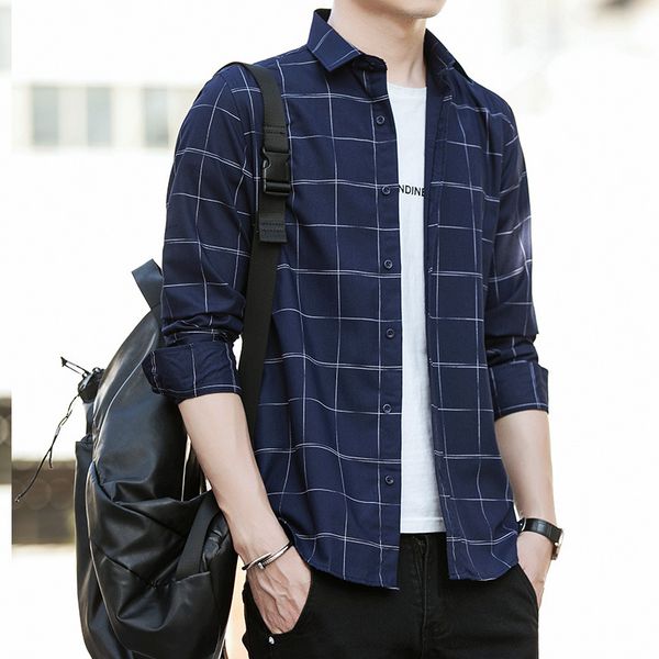 

2020 spring men's Long Sleeve Plaid Shirt casual slim thin young student Korean fashion shirt, White;black