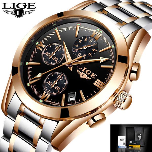 

lige men watches brand luxury full steel clock man sport quartz watch men casual business waterproof watch relogio masculino 210527, Slivery;brown