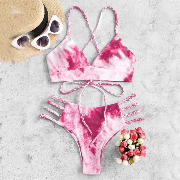 

summer women bikini tie dye swimsuit printed set two piece filled bra hollow out bandage swimwear beachwear kostium kapielowy p3, White;black