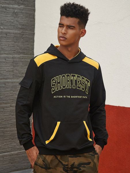 

men slogan graphic contrast panel flap pocket hoodie d2mf#, Black