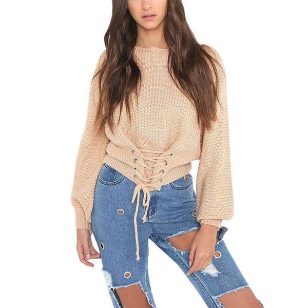 

women's sweaters lace up sweater women knitted and pullovers solid jumper adjust waist bandage, White;black
