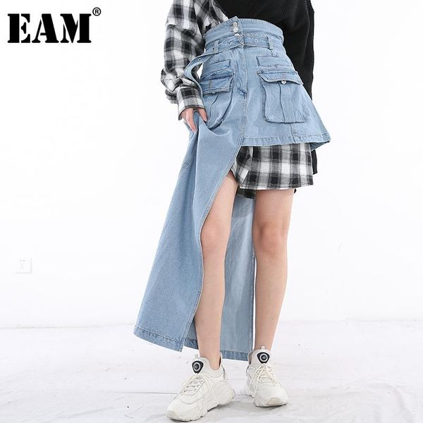 

[eam] high waist blue denim button irregular spliced half-body skirt women fashion tide spring autumn 2021 1y72205 skirts, Black