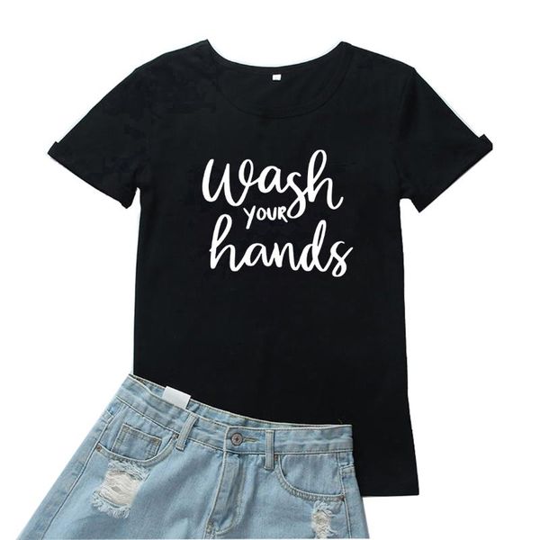 

women's t-shirt wash your hands women t shirt simple letter graphic tshirts casual cotton short sleeves mujer camiseta black streetwear, White