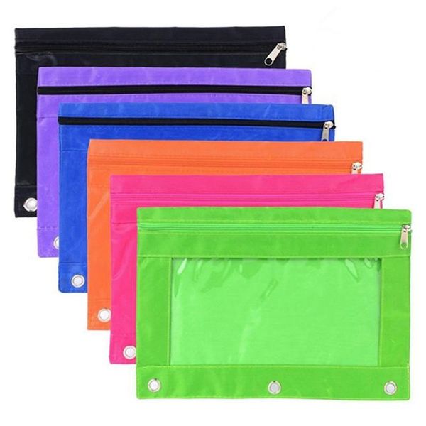 

pencil bags 6pack ring binder pouch bag with holes 3-ring zipper clear window for office students(6 colors)