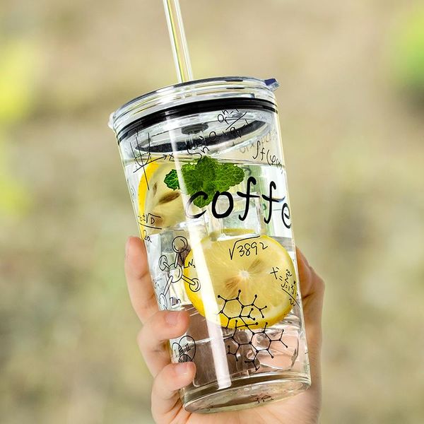 

wine glasses milk tea glass cup with cover straw portable transparent creative cute kids girls summer copos de vidro drinkware 50