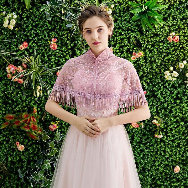 

scarves summer thin bridal wedding dress cheongsam collar lace mesh shawl cloak tassel, Blue;gray