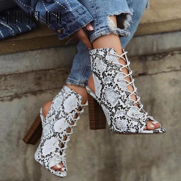 

boots snake pattern peep toe ankle women's strap high heels expose heel 2021 shoes party casual ladies, Black
