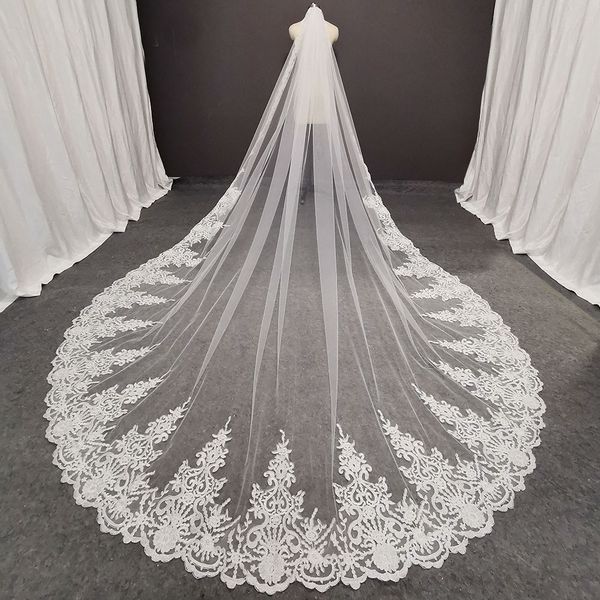 Fotos reais longas lace véu nupcial com pente 3 metros 1 camada catedral branco Iovry véu acessórios de casamento