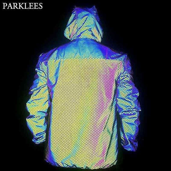 Balanças de peixes de brilho reflexivo jaqueta com capuz homens mulheres night homens jaquetas e casacos running dançando roupas fluorescentes 210522