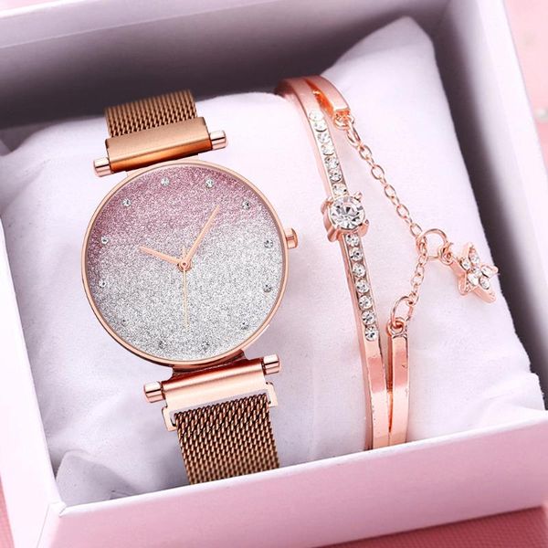 

wristwatches women magnet buckle gradient color diamond watch luxury ladies mesh belt quartz bracelet watches set zegarek damski, Slivery;brown