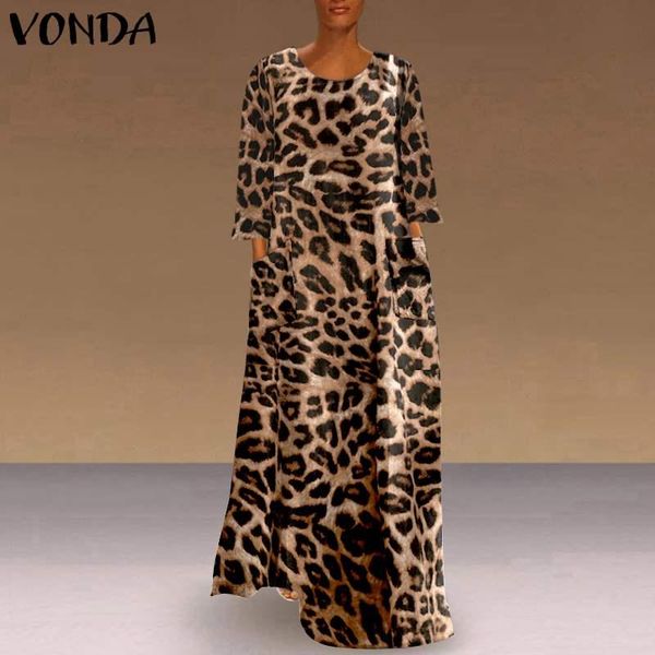 

bohemian long maxi dress women sleeve leopard print vestidos ladies casual party sundress loose robe femme dresses, Black;gray
