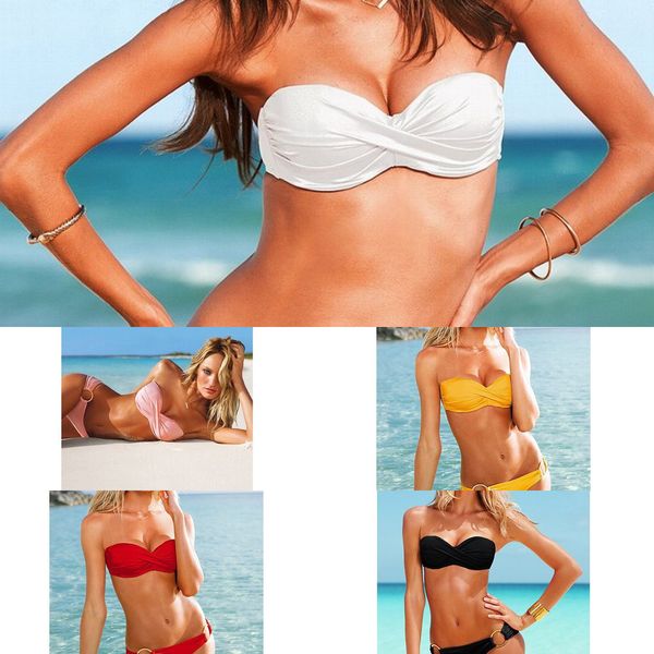 

swimsuit bikini solid color strapls bra women's black yellow2021, White;black