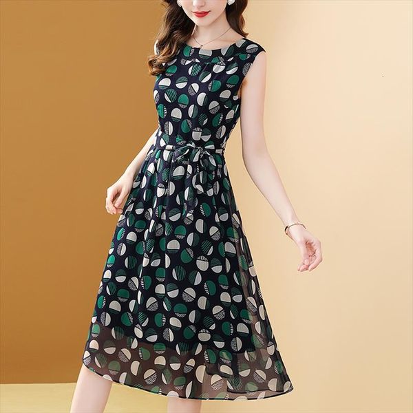 

sleeveless chiffon polka dot womens dress elegant summer print beach long vintage o neck, Black;gray