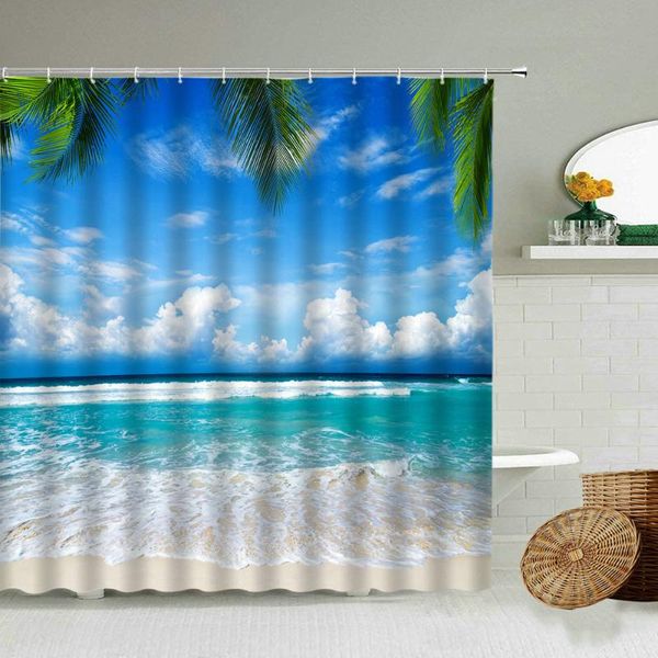 

shower curtains ocean beach scenery curtain blue sky white clouds sea waves natural landscape bathroom decor palm trees summer