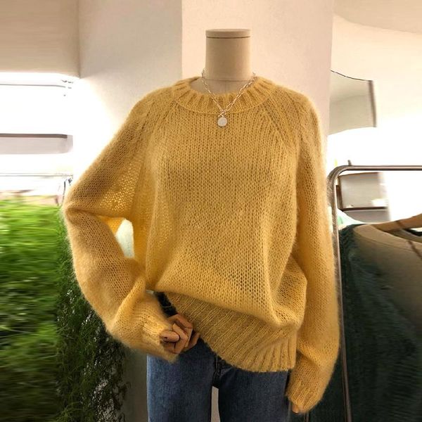 

women's sweaters 2021 autumn and winter long sleeves knitted pullovers warm solid color wild loose round neck outwear sweater femme, White;black