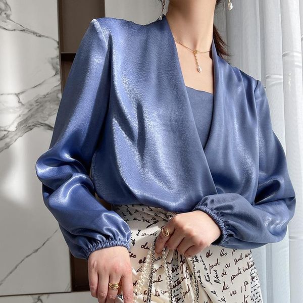 

women's blouses & shirts [ewq] korea chic autumn casual trend women solid v-neck blouse temperament fashion simple long-sleeved shirt 2, White