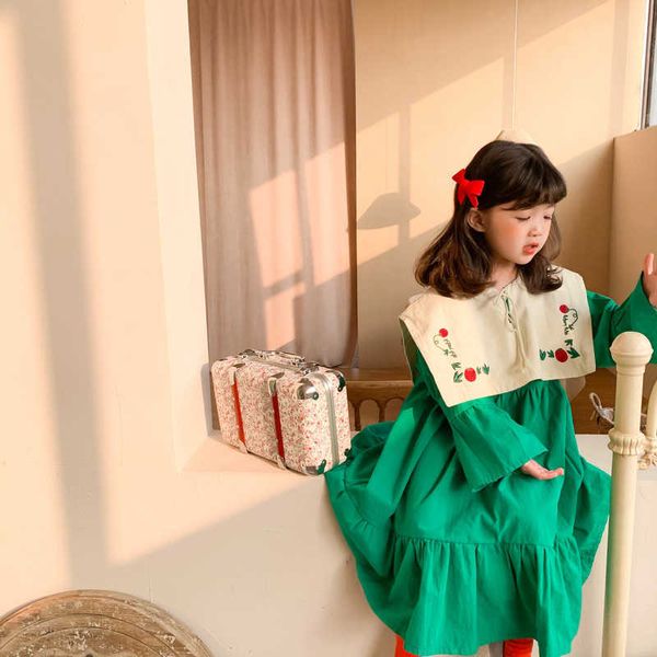 Frühlingsstickerei Label loses langes Kleid für Kinder Mädchen süße Baumwollärmel Prinzessin Kleider koreanischen Stil 210615