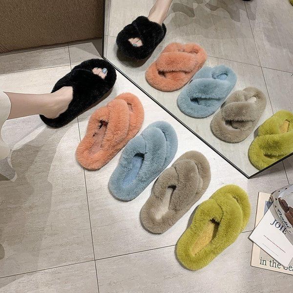 

korean wool slippers for women autumn winter antiskid hair cotton fashion rubber indoor shoes, Black