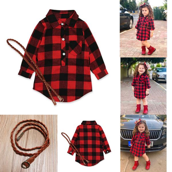 

with woven braided leather belt shirt dress kid girls toddler knee long buffalo plaid check shirts button up long sleeve dresses party skirt, Red;yellow