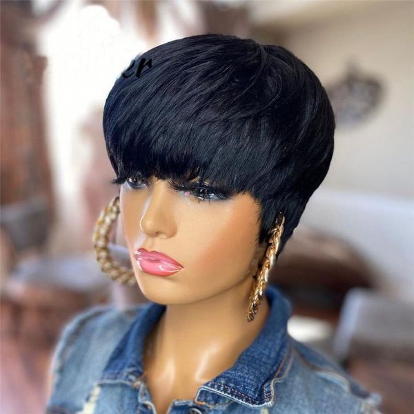 

short cut mixed hair straight wigs natural black color glueless synthetic for women full machine made with silk top