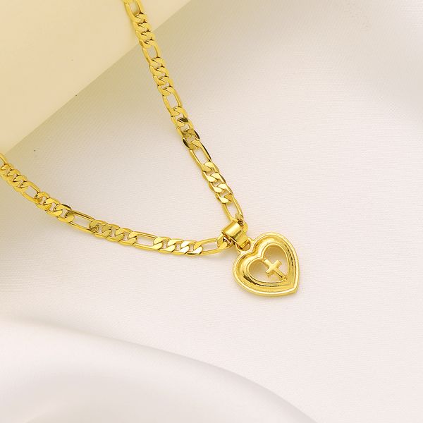 

22k solid fine gold finish heart cross pendant italian figaro link chain necklace 24" 3 mm womens, Silver