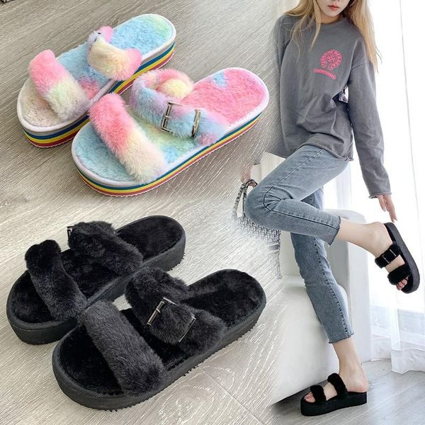 

slippers summer woman sandals open toe slides fashion plush outdoor women's shoes buckle zapatillas mujer plus size 35-43, Black
