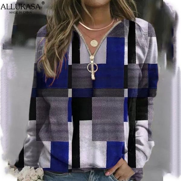 

women's sweaters plaid women casual zipper long sleeve blouse loose shirt v neck blouses female comfortable elegant autumn winter clot, White;black