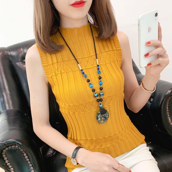 

women tanks sleeveless knitted vest spring summer wild tank elastic slim female solid fashion knit casual maille polyester, White