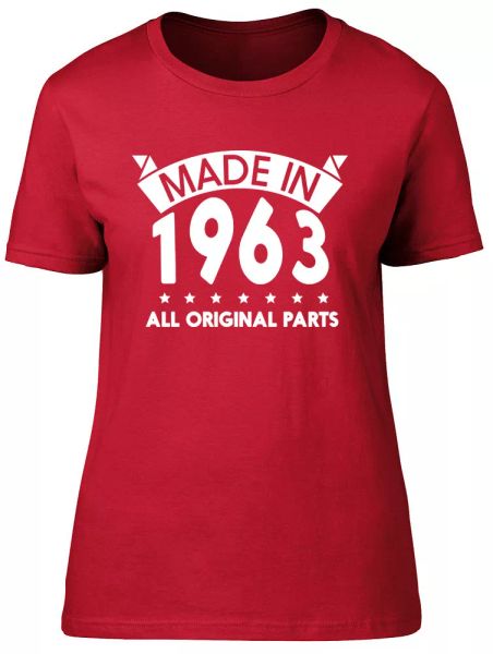 

made in 1963 all original parts birthday womens ladies short sleeve t-shirt, White;black