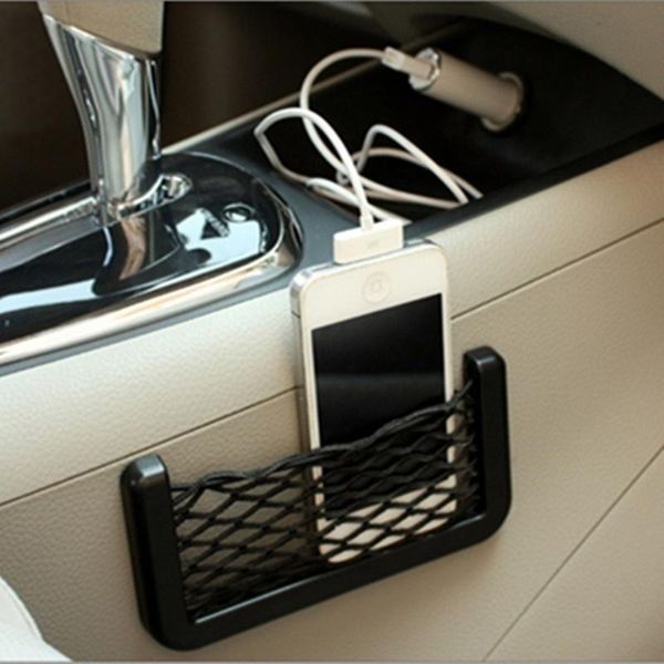 

interior decorations car universal black net bag phone holder storage pocket organizer mesh for wallet, keys, pens, and more