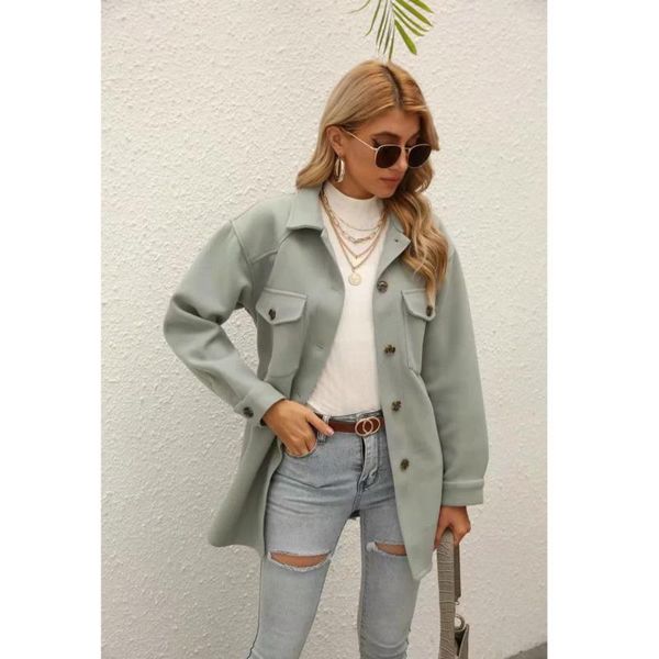 

women's wool & blends spring and autumn lapel woolen coat long sleeve single-breasted double pocket belt pure color jacket women en*, Black