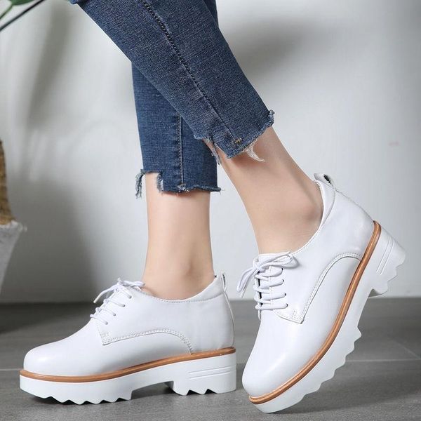 

thick high heel shoes lace up casual round toe pumps spring autumn black white leather footwear brogue size 34-40 dress