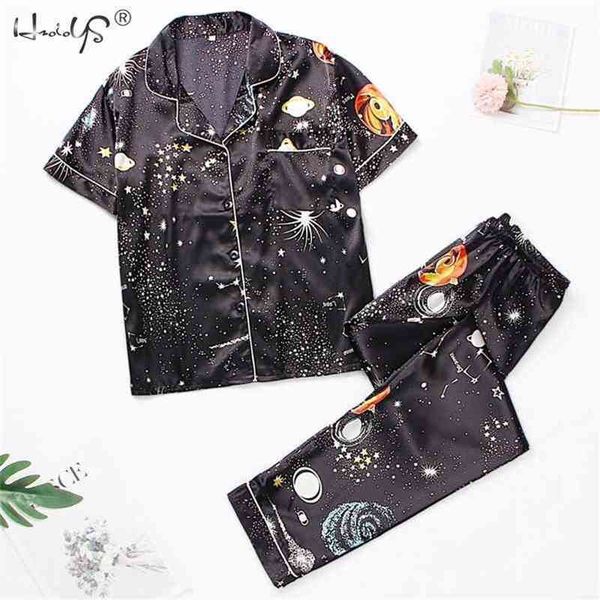 

women's short sleeve pajamas spring autumn satin silk trousers suit printing pyjamas set pjs mujer pijama sleepwear 210330, Black;red