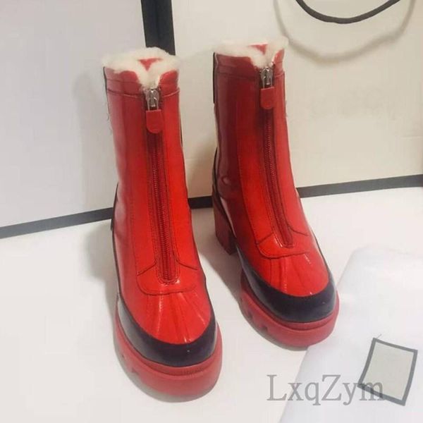 

boots handmade fashion mixed color patent leather ankle for women natural wool fur winter shoes ladies shine party high heels, Black