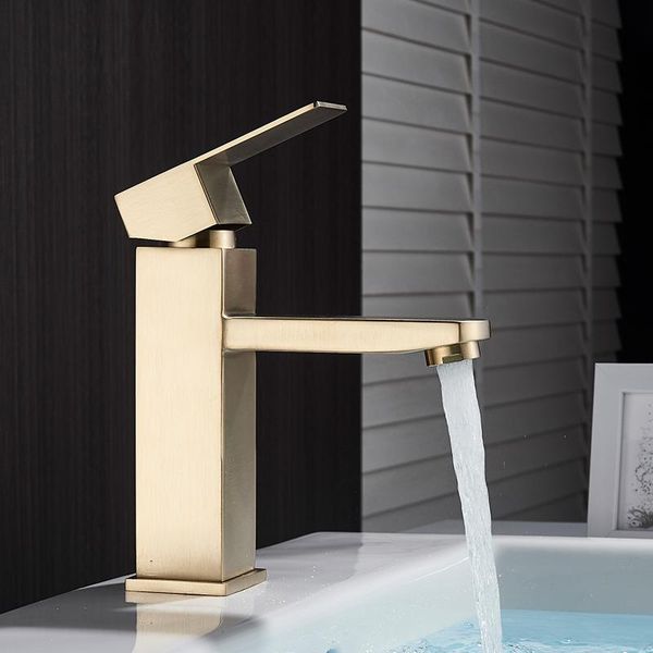 

bathroom sink faucets brushed gold basin faucet single lever square cold water tap deck mounted vessel mixers one hole